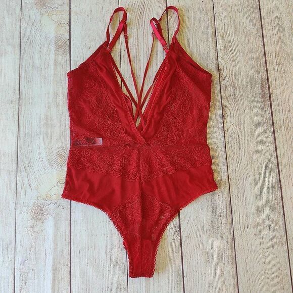 Oh la la Cheri Paris Red Viviane V-Plunge Lace Teddy sz M - Picture 13 of 15